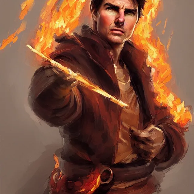 Image similar to Tom Cruise as a firebender, portrait, elegant, intricate, digital painting, artstation, concept art, smooth, sharp focus, illustration, art by konstantin korovin and Daniel F. Gerhartz and john howe