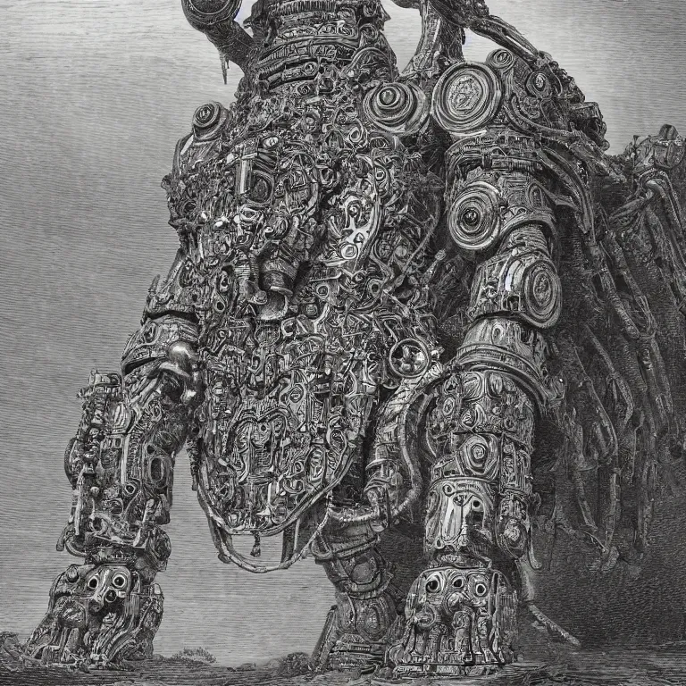 Image similar to A detailed engraving of a giant hindu robot god in the style of gustave dore