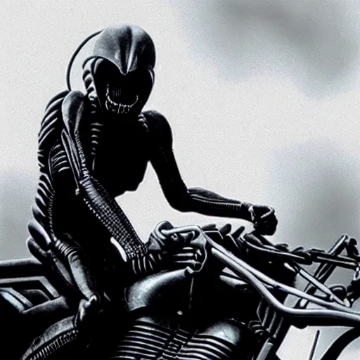 Prompt: xenomorph from aliens ( 1 9 7 9 ) riding a motorcycle