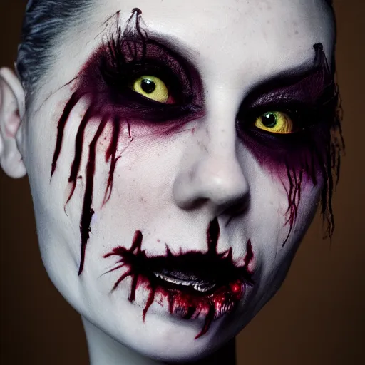 Image similar to a scary portrait of a horror witch, hyper realistic, 1 0 0 mm, studio lighting