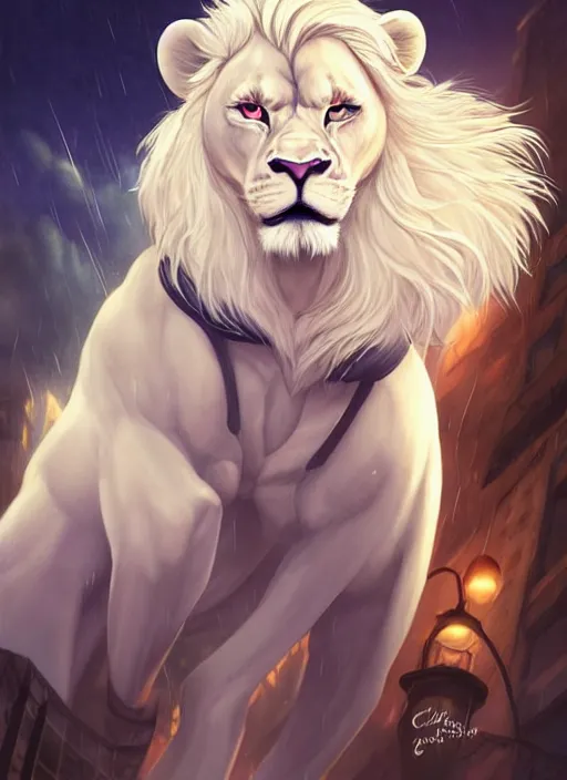 Prompt: aesthetic portrait commission of a of a male fully furry muscular anthro albino lion with a tail and a beautiful attractive hyperdetailed face, wearing stylish and creative wearing school uniform outfit in a sci-fi dystopian city at golden hour while it storms in the background. Character design by charlie bowater, ross tran, artgerm, and makoto shinkai, detailed, inked, western comic book art, 2021 award winning film poster painting