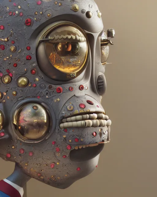 Prompt: highly detailed closeup, face profile portrait of a tin toy mars attacks, depth of field, fashion photoshoot by nicoletta ceccoli, mark ryden, lostfish, dan decarlo, bob clampett, max fleischer, breathtaking, detailed and intricate environment, 8 k resolution, hyperrealistic, octane render