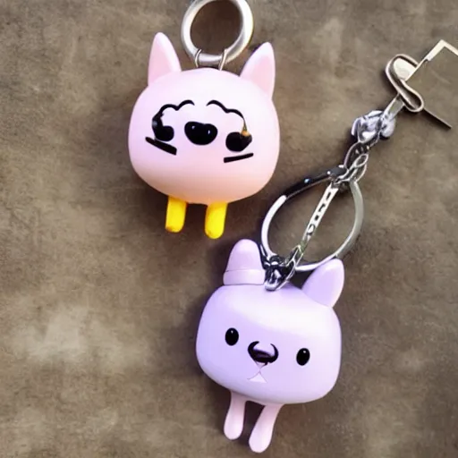 Image similar to some cute plastic toys that look like animal characters hanging from a backpack on a keychain, white, cream, and light pink