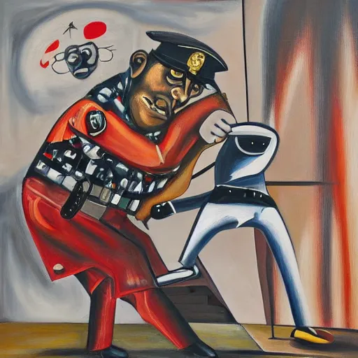 Image similar to a painting of a cop putting down a man by george condo