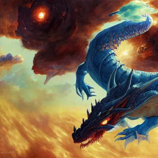 Image similar to Gigantic blue scaled dragon devouring an earth like planet while flying in space, sun system, charizard, nebula, oil painting, by Fernanda Suarez and Edgar Maxence and Greg Rutkowski