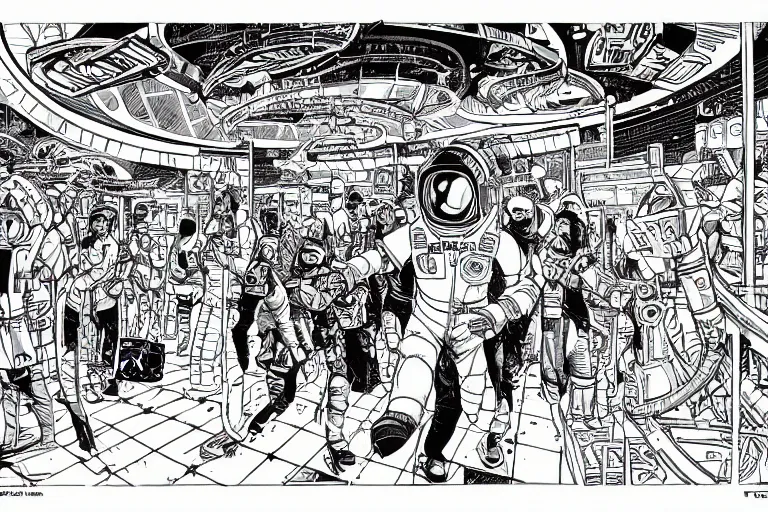 Prompt: an astronaut entering a bustling cyberpunk casino on mars, filled with people, robots, cyborgs, aliens, by geof darrow, lineart, inking