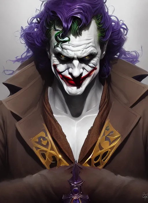 Image similar to the joker, d & d, fantasy, intricate, elegant, highly detailed, digital painting, artstation, concept art, matte, sharp focus, illustration, hearthstone, art by artgerm and greg rutkowski and alphonse mucha