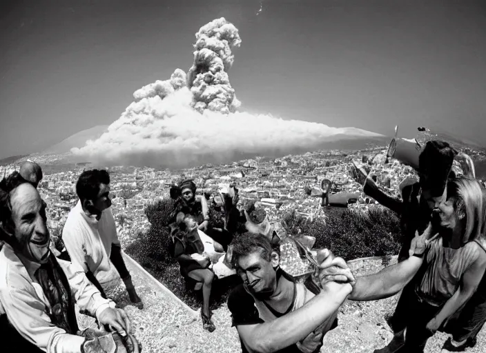 Image similar to quality old photo of average greeks drink wine and have fun against the backdrop of mount vesuvius starting to erupt by sebastian salgado, fisheye 4, 5 mm, diffused backlight