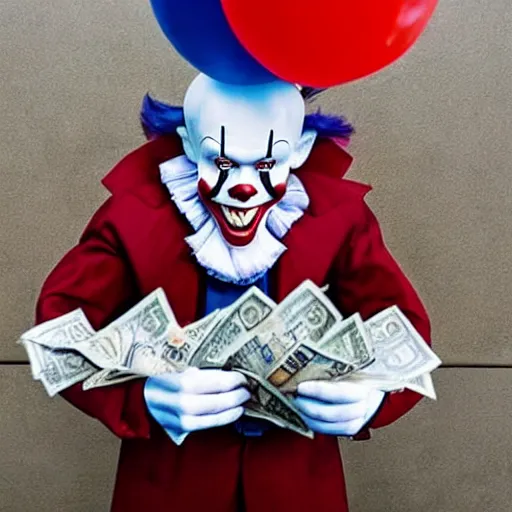 Image similar to Pennywise the clown wearing a suit and holding a stash of banknotes in his hands, full body shot, highly-detailed