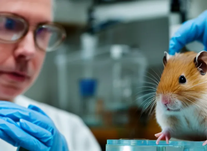 Image similar to film still of a hamster working in a research lab finding the cure for cancer, 8 k