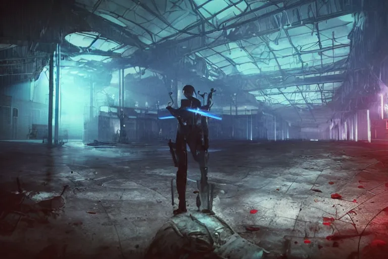 Image similar to Abandoned night hangar, dim blue light, foggy room, Several soldiers, laser sights on weapons, they are killed by a cyber woman, meat, blood, bones, spine, style Blade Runner, cinematic, volumetric light