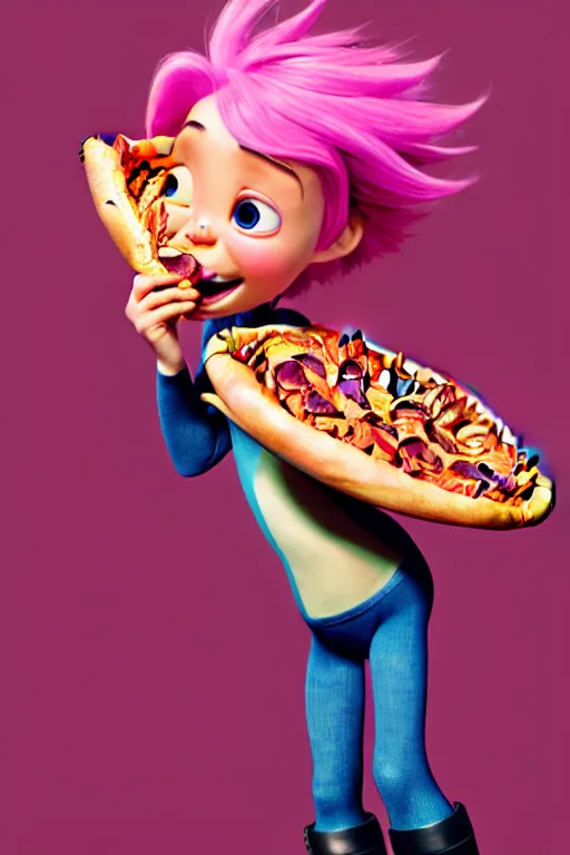 Prompt: pixar man with pink hair eating pizza | glamorous oily soft polished rich ornate modern | weta disney pixar movie still photo | hi - fructose, sci fi fantasy, smooth, octane render, sharp focus, artstation, concept art | artgerm, mucha, rutkowski, feng zhu, wlop, loish