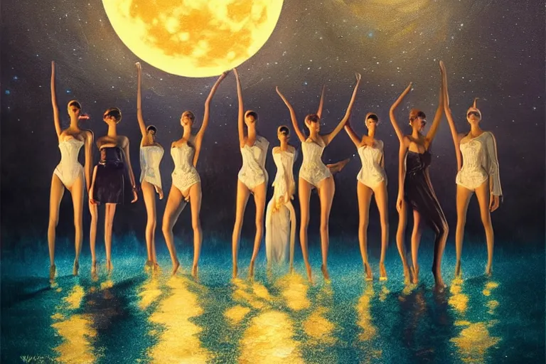 Image similar to 3 d, close - up, night, group of fashion models standing in a night lake with their hands raised to the bright moon, moon ryas, vogue cover style, intricate oil painting, high detail, figurative art, multiple exposure, poster art, 3 d, by stanley kubrick and tooth wu and wlop and beeple