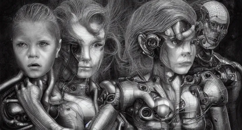 Prompt: multiple 3 d half - human graphite cyborg machina - nymphettes, portrait by tony diterlizzi, ilford hp 5, 5 5 mm, hyper realistic, hyper - mechanistic by artgerm, gustav dore, peter mohrbacher, gothcore, disturbia, joseph christian leyendecker,