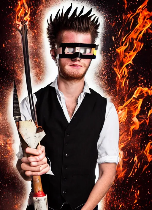 Image similar to An epic fantasy comic book style portrait painting of young man with red spiked long hair, using googles. Wearing a black waistcoat, white shirt. Fire on his hands. Unreal 5, DAZ, hyperrealistic, octane render, cosplay, RPG portrait, dynamic lighting