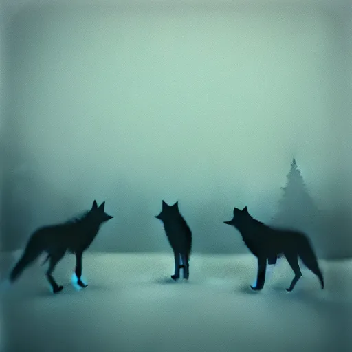 Prompt: wolves on the lake, artwork by denis villeneuve, mystic, melancholy, pinhole analogue photo quality, lomography, blur, unfocus, cinematic, foil effect, holographic effect