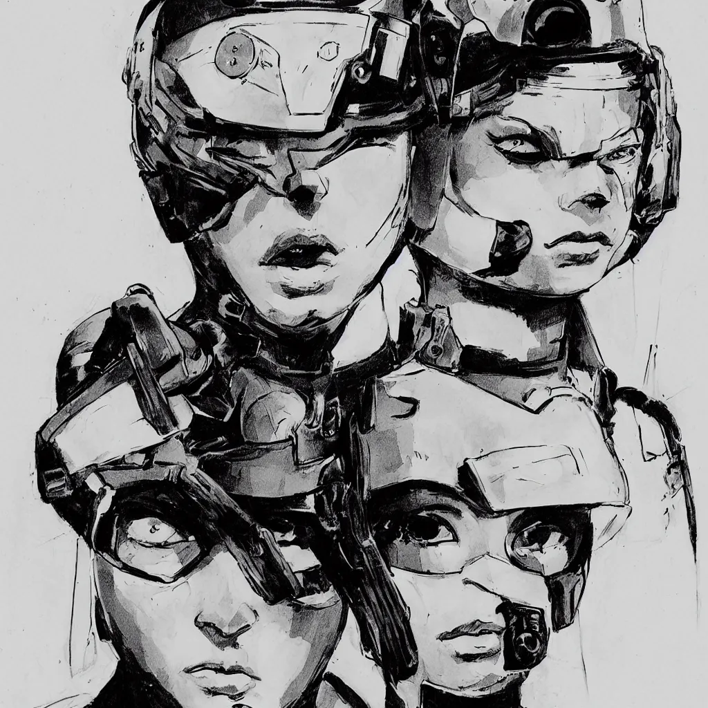 Image similar to beautiful portrait of a young futuristic female soldier, frank miller style, sketch