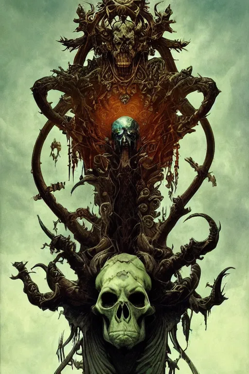 Image similar to evil gigantic demon skull lord of death, fantasy painting, ultra realistic, wide angle, art nouveau, intricate details, rainbowshift, vivid colors, highly detailed by peter mohrbacher, h. r. giger, maxfield parrish, gaston bussiere, gustave dore, craig mullins