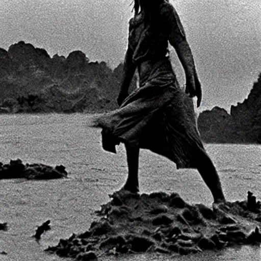 Image similar to film still, close up, emma watson rising out of muddy vietnam river, face covered in mud, low camera angle at water level, night time, film still from apocalypse now ( 1 9 7 9 ), 2 6 mm,