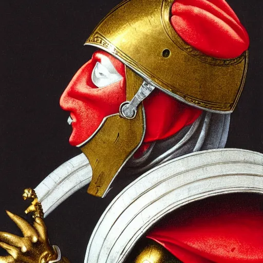 Image similar to a knight wearing silver armor and helmet, red white and gold color scheme, baroque, by Michelangelo, high detail