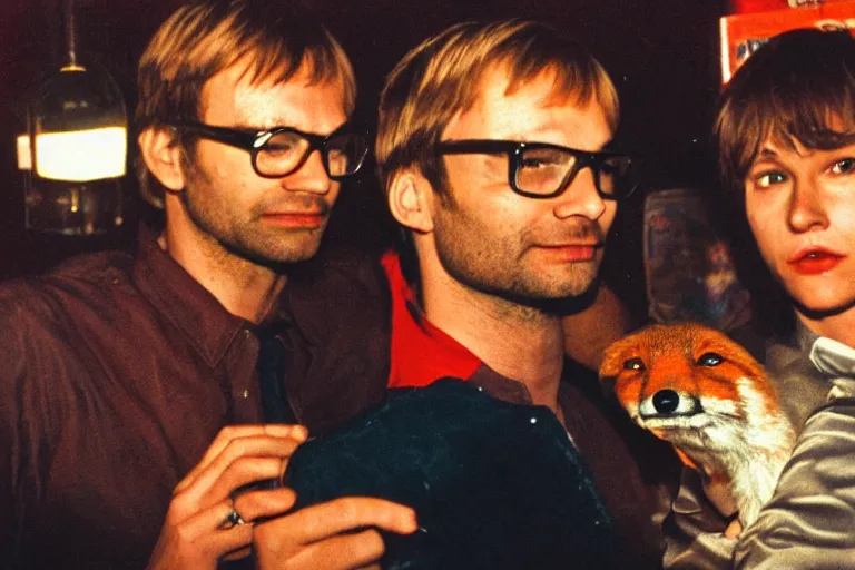 Image similar to Jeffrey Dahmer with an anthro fox in a gay bar with a slice of pizza, dynamic lighting, polaroid photo