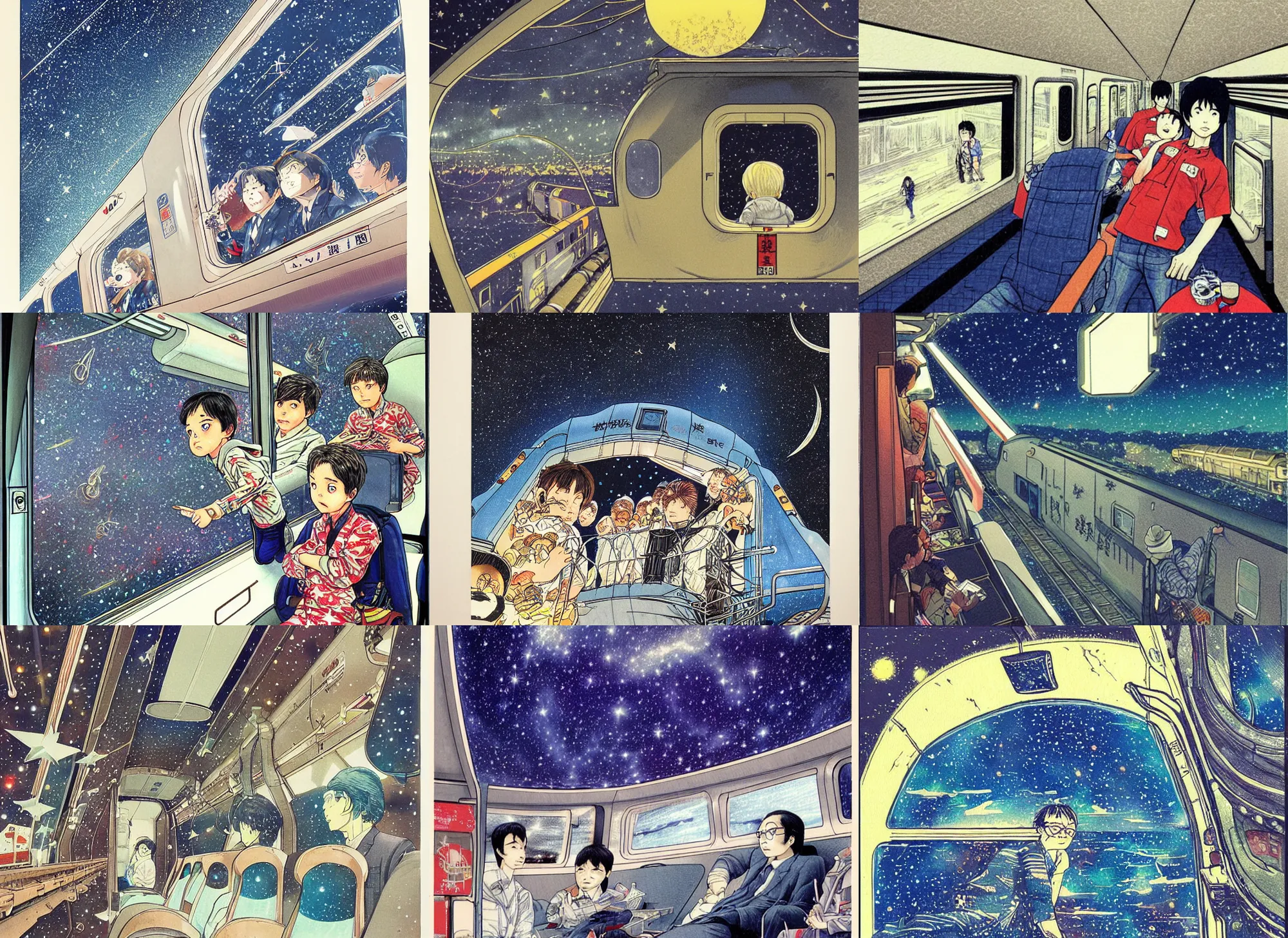 Prompt: view at the night sky from inside a train, spakling stars, detailed artwork by katsuhiro otomo