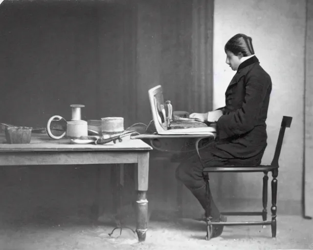 Image similar to an early 1800s photo of someone sitting at a computer making a donut in blender3d