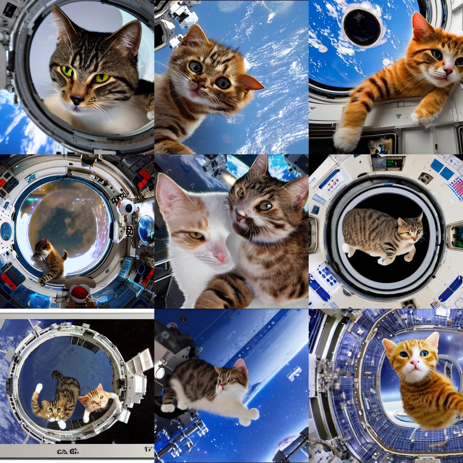 Prompt: Photo of cats floating inside the International Space Station, highly-detailed 4K award-winning cinematic epic