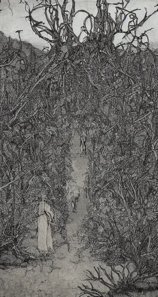 Image similar to on the street of abandoned town 2 people standing huddled together, spiny giant plants bursting through them in the style of Takato Yamamoto and Francis Bacon and Norman Rockwell and Beksinski, very coherent, ultradetailed