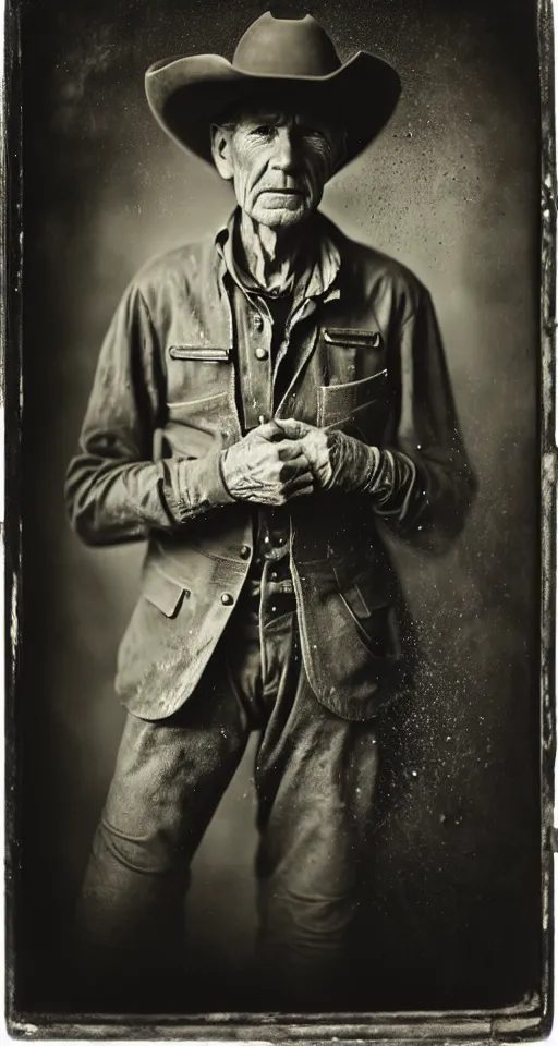 Image similar to a wet plate photograph, a portrait of an old cowboy