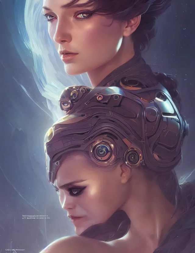 Image similar to futuristic woman portrait, sci-fi, amber eyes, face, long hair, fantasy, intricate, elegant, highly detailed, digital painting, artstation, concept art, smooth, sharp focus, illustration, art by artgerm and greg rutkowski and alphonse mucha