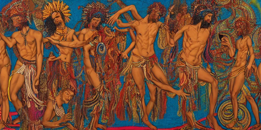 Image similar to an abstract spiritual background, a punk greek god dancing, clear eyes. 2 4 mm, photorealistic, muted color scheme, directed by mati klarwein