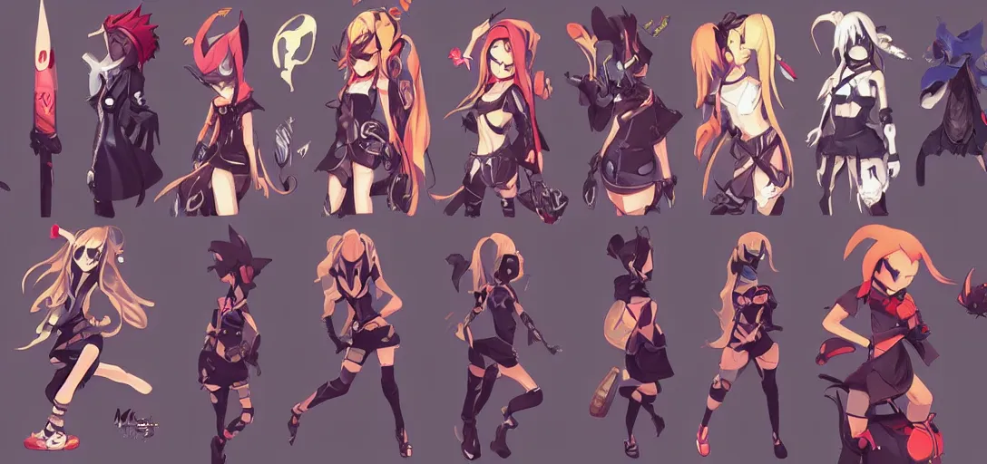 Image similar to concept art of female video game characters head designs, disgaea, flcl, hearthstone, unique silhouettes, cute casual streetwear, by marc brunet and artgerm