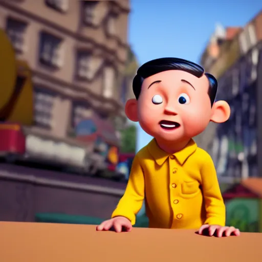 Image similar to tin tin, depicted as a pixar character, high quality cg render, 4 k