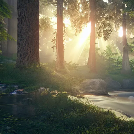 Image similar to a forest made in unreal engine 5 with sun rays and a river, 4k, high detail, high-resolution photograph, professional photography, ultra-detail