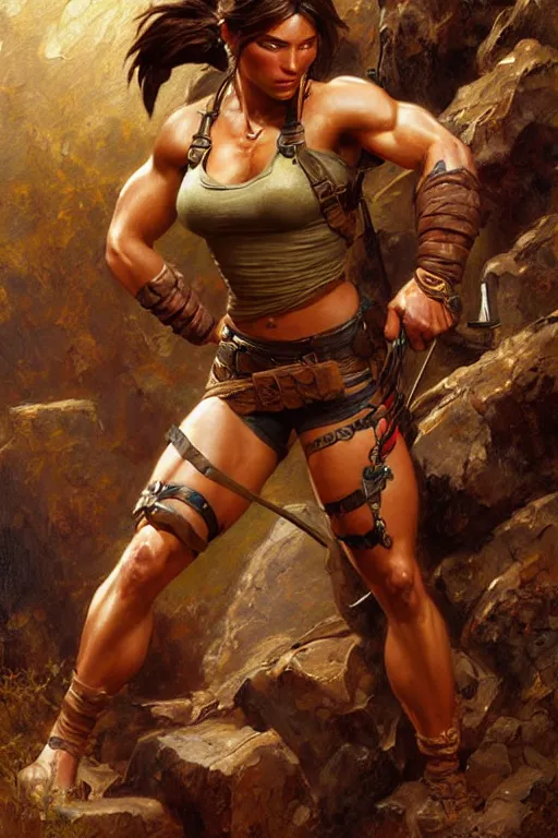 Prompt: muscular lara croft, highly detailed painting by gaston bussiere, craig mullins, j. c. leyendecker 8 k