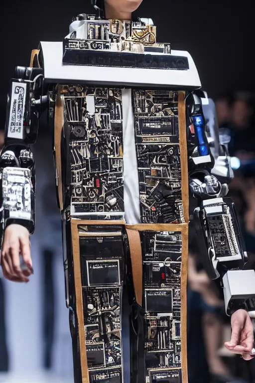 Image similar to men's streetwear worn by a robot on the fashion runway, made of circuits and mylar, high details, full frame shot