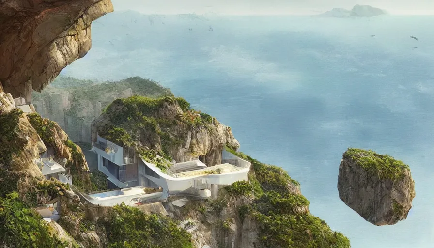 Image similar to modern house perched on a cliff overlooking a magnificient bay, concept art by raphael lacoste