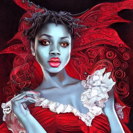 Image similar to a photograpic portrait of a black man dancing with a female devil wearing red clothes, fantasy, intricate, elegant, highly detailed, digital painting, artstation, concept art, smooth, sharp focus, illustration, art by artgerm and H R Giger and alphonse mucha