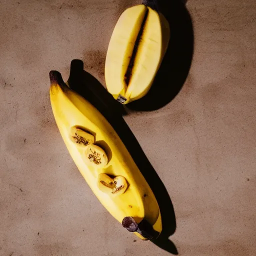 Prompt: a banan made of tiny banana over a banana colored table
