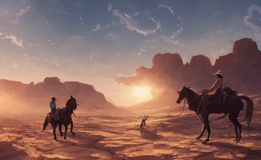 Prompt: a scene of a camper in the desert, a cowboy in the foreground looking epic, full shot, atmospheric lighting, detailed faces, by makoto shinkai, stanley artgerm lau, wlop, rossdraws