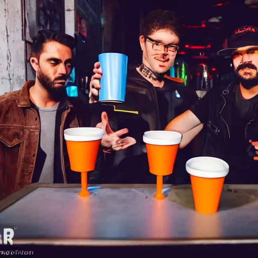 Image similar to photograph of retro techwear people with solo cups loitering near the bar of a packed busy rundown nightclub, retrofuturism, brutalism, cyberpunk, sigma 85mm f/1.4, 35mm, 4k, depth of field, high resolution, 4k, 8k, hd, highly detailed, full color