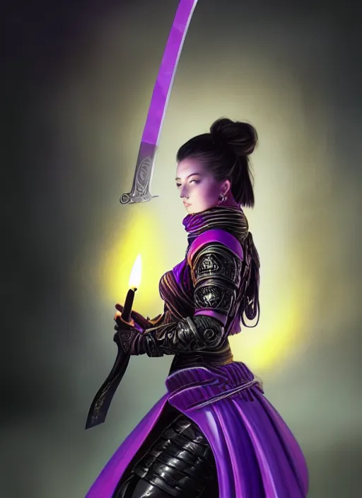 Image similar to back, behind, portrait of a woman in purple leather future armor with a long black ponytail, holding a katana with glowing purple runes carved into the katana, intricate, elegant, candle light, highly detailed, digital painting, artstation, concept art, smooth, sharp focus, illustration, art by wlop, mars ravelo and greg rutkowski