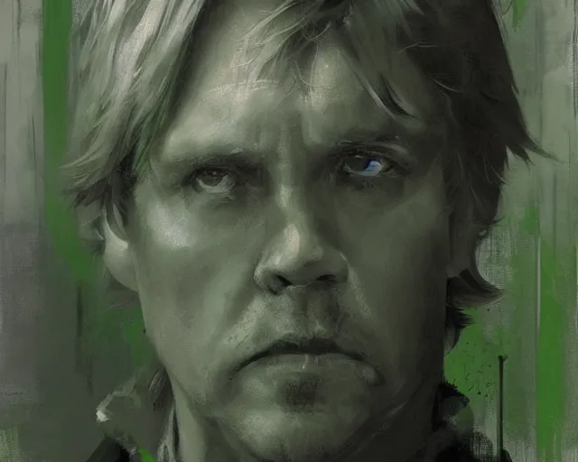 Prompt: portrait of luke skywalker in shades of grey but with green by jeremy mann