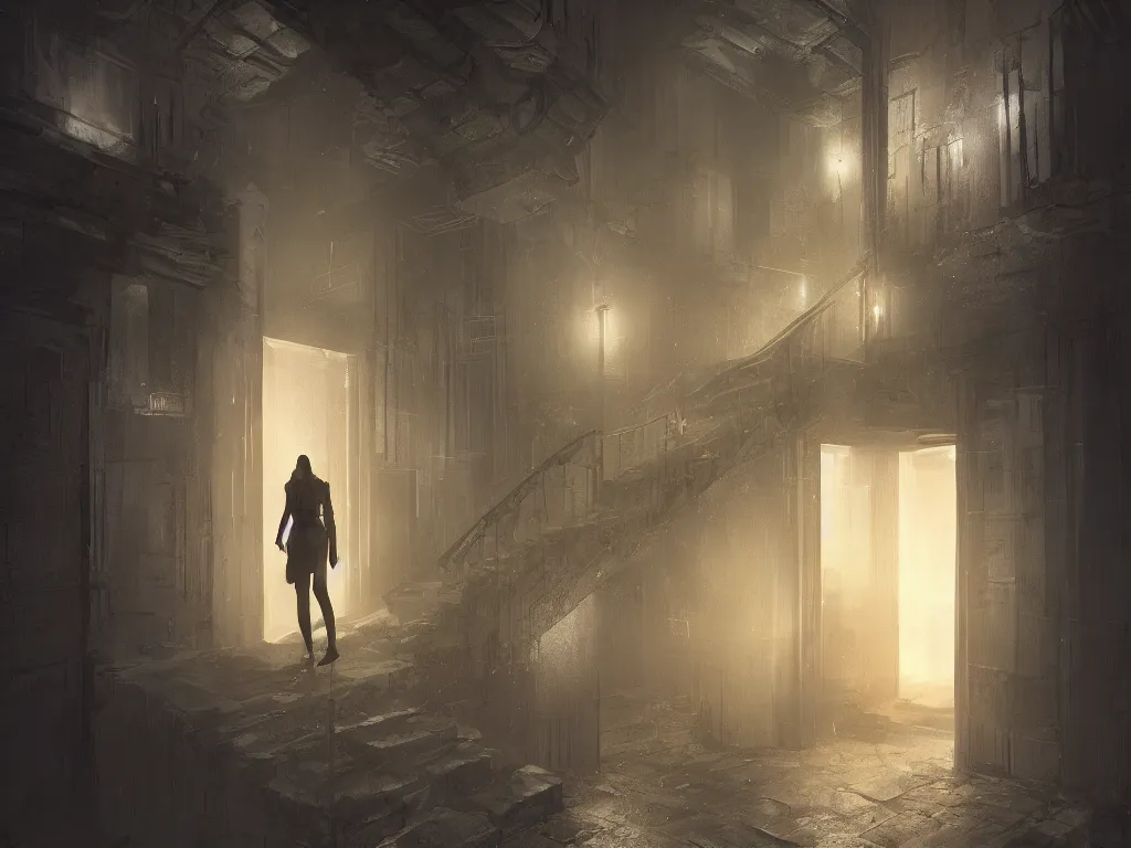 Image similar to a gloomy long staircase at the end in the depth is a door with illuminated sign, digital painting, concept art, smooth, sharp focus, hyperrealistic, illustration, artstation trending, octane render,