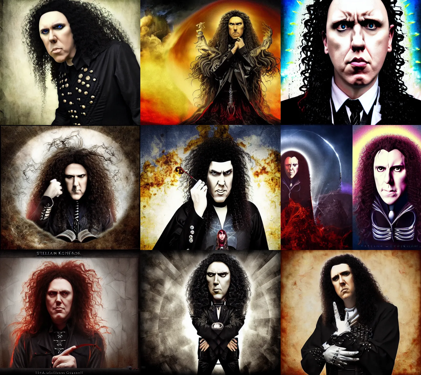 Prompt: kamelot album cover featuring photo of weird al yankovic, art by stefan heilemann, power metal album cover, gothic fantasy, photoshop collage, trending on artstation 5 7 6