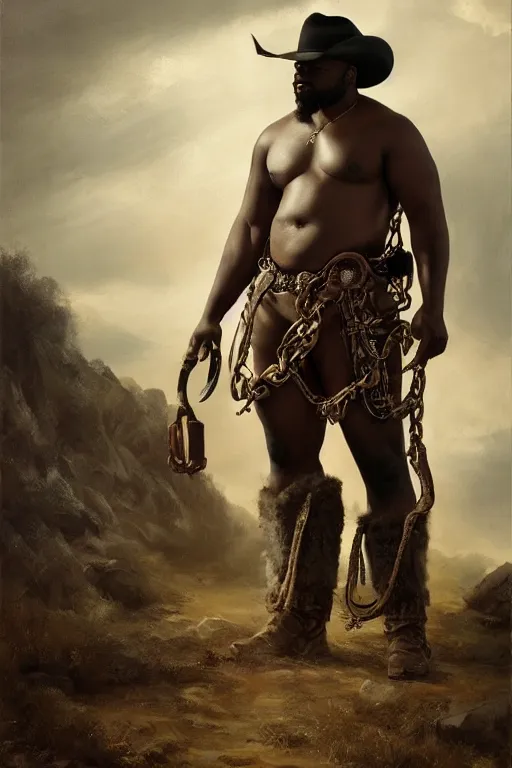 Prompt: a beautiful dramatic epic painting of a thicc handsome black man | he is shirtless and wearing a cowboy hat and leather harness | prairie setting | homoerotic, highly detailed, dramatic lighting | by Mark Maggiori, by William Herbert Dunton, by Charles Marion Russell | trending on artstation