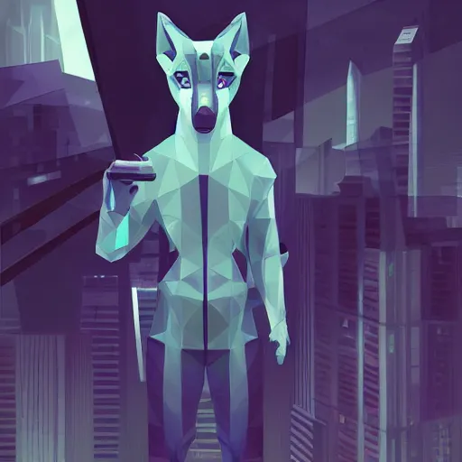 Prompt: Playstation 1 PS1 low poly foggy graphics portrait of furry anthro anthropomorphic wolf animal person fursona wearing clothes in a futuristic cyberpunk foggy city alleway. Artstation, CGSociety