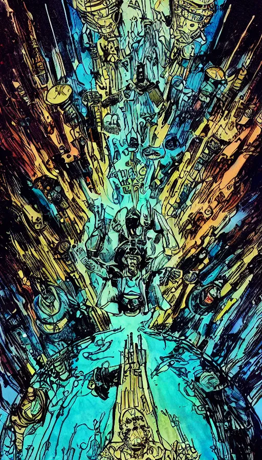 Image similar to religious hard science fiction comic by, bill sienkiewicz, teal and gold colour palette, line drawing, ink pour