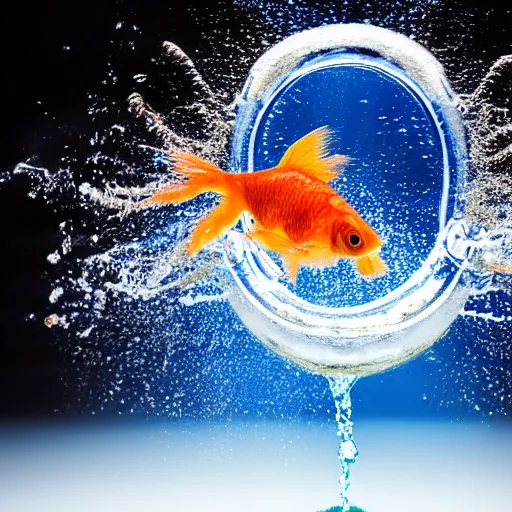 Image similar to stock photo of goldfish jumping to freedom out if fish bowl to another aquarium with clear water against blue background